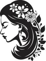 minimalista floral resplandor negro mujer icono sofisticado floración aura hecho a mano emblema vector