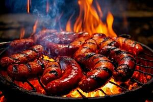 AI generated Grilled juicy sausages on a grill with fire. Shallow depth of field. photo