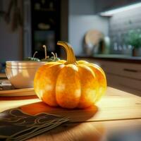 AI generated Sunny autumn pumpkin in the kitchen on a white table. Autumn menu, healthy food, vegetarianism and healthy vegetables photo