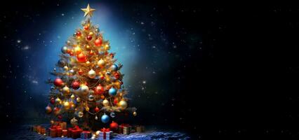 AI generated Banner. Decorated Christmas tree on a blurred dark blue background, with blur effect. Copy paste, copy space for text. photo