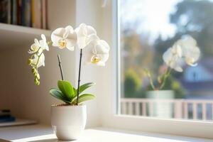 AI generated Blooming white phalaenopsis or moth orchid on a windowsill, natural light, home plant in a white pot photo