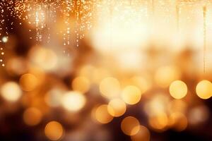AI generated Golden Christmas lights defocused in bokeh effect. Copy space. Can be used for New year celebration photo