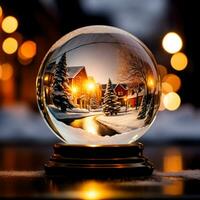 ai generado invierno paisaje con la carretera y un nevada, abeto casa, en un vaso Navidad globo. el antecedentes es Exquisito bokeh foto