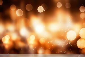 AI generated Golden Christmas lights defocused in bokeh effect. Copy space. Can be used for New year celebration photo