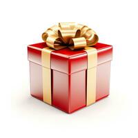 AI generated Red gift box with a beautiful golden bow, on a white background. Isolated object, white background photo