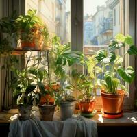 AI generated Green indoor plants in brown clay pots on an old wooden window. Ficus, monstera and liana. Close-up, copy paste photo