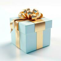 ai generado azul regalo caja con un hermosa oro arco, en un blanco antecedentes. aislado objeto, blanco antecedentes. foto