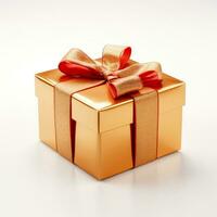 AI generated Golden gift box with a beautiful golden bow, on a white background. Isolated object, white background photo