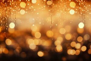 AI generated Golden Christmas lights defocused in bokeh effect. Copy space. Can be used for New year celebration photo