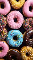 AI generated Donuts pattern. Top view of a variety of glazed donuts. Colorful glazed donuts with sprinkles photo