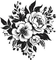 radiante pétalo montaje decorativo negro emblema botánico ramo de flores fusión negro floral diseño vector