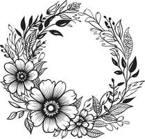 Sophisticated Floral Wreath Handcrafted Vector Abstract Wedding Bloom Black Artistic Emblem