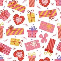 Gift boxes seamless vector pattern. Colorful presents with ribbon, bow. Containers packed in wrapping paper with hearts, stripes, polka dots. Romantic surprise for Valentines Day. Cartoon background