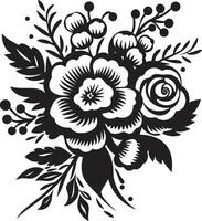 Whimsical Bouquet Assembly Decorative Black Icon Enchanted Bloom Fusion Black Floral Design vector