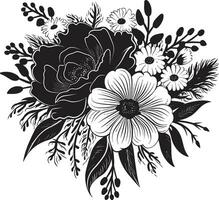 Clásico pétalo arreglo negro ramo de flores emblema esculpido floración haz decorativo negro icono vector