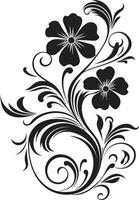 Retro Noir Floral Scrollwork Hand Rendered Icon Flowing Vine Accent Black Vector Logo Element