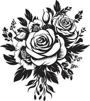 Vintage Floral Medley Black Vector Bouquet Radiant Petal Assembly Decorative Black Emblem