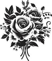 Clásico ramo de flores encanto decorativo negro icono radiante floración conjunto negro floral logo vector