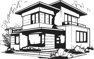 Urban Villa Impression Villa Vector Outline in Sharp Black Cityline Mansion Sketch Sleek Villa Icon in Bold Black