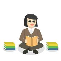 bibliotecario mujer leyendo libro diseño personaje en blanco antecedentes vector