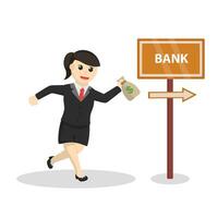 business woman Go To bank design character on white background vector