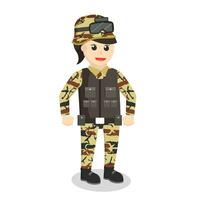 Ejército mujer con actitud en pie diseño personaje en blanco antecedentes vector