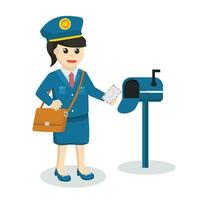 postman woman put mail in mailbox design character on white background vector