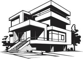 Sleek Urban Mansion Sketch City Villa in Black Outline Modern Cityline Residence Villa Icon in Sharp Black Outline vector