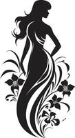 Graceful Full Body Florals Black Emblem Design Chic Floral Harmony Woman Vector Profile