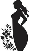 Graceful Full Body Florals Black Emblem Design Chic Floral Harmony Woman Vector Profile