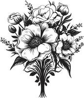 intrincado pétalo conjunto decorativo negro icono caprichoso flor ramo de flores negro emblema diseño vector