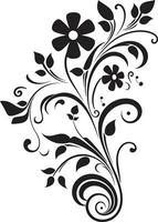 Noir Botanical Flourish Black Vector Logo Emblem Artistic Floral Cascade Hand Drawn Black Iconic Design
