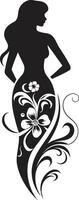 Graceful Full Body Florals Black Emblem Design with Woman Chic Floral Harmony Woman Vector Profile in Blossom