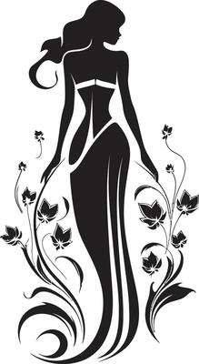 Graceful Full Body Florals Black Emblem Design with Woman Chic Floral Harmony Woman Vector Profile with Blossoms