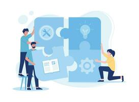 putting together a jigsaw puzzle teamwork partnership concept flat illustration vector