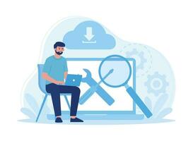 man with laptop analyzing cloud and cloud services concept flat illustration vector