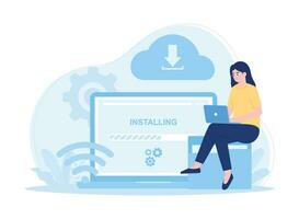 woman with laptop installing cloud data concept flat illustration vector