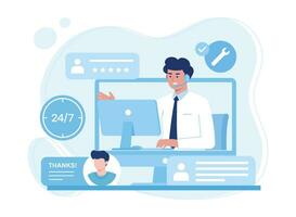 customer service, hotline operator consults with customer with headset on computer concept flat illustration vector