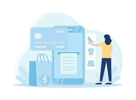 mujer comprando bienes en tienda en línea transferir concepto plano ilustración vector