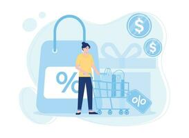 mujer compras a en línea tienda obtener grande descuentos concepto plano ilustración vector