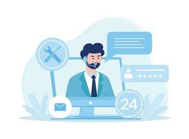customer support operator with working headset in call center concept flat illustration vector
