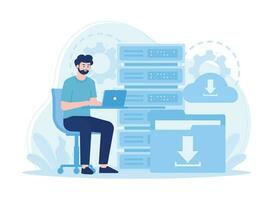 man with laptop managing cloud data  database  folder concept flat illustration vector