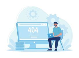 man with laptop fixing web error 404 concept flat illustration vector