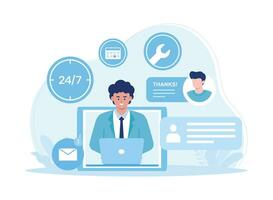 customer service, hotline operator consults with customer with headset on computer concept flat illustration vector