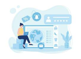 Customers provide rating feedback to global online stores concept flat illustration vector