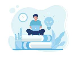 man in front of a laptop sitting on a book online learning concept flat illustration vector