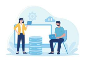 cloud data backup with laptop concept flat illustration vector