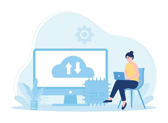 woman sitting with laptop cloud data backup concept flat illustration