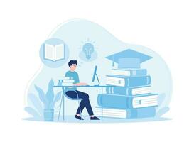 man in front of computer doing assignments online learning concept flat illustration vector