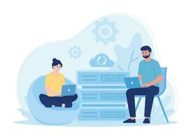 synchronization of cloud data storage on a laptop concept flat illustration vector